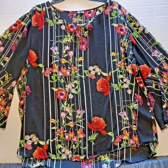 Cato Plus Size 26/28W Black Blouse with Multi-color Flowers & Flaired Sleeves. - Picture 1 of 7